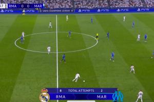 按着打！比赛皇马vs马赛仅过15分钟，皇马已射门8脚