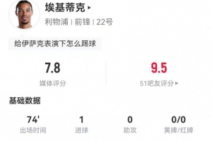 埃基蒂克本场3射2正进1球+1失良机 7对抗5成功 获评7.8分